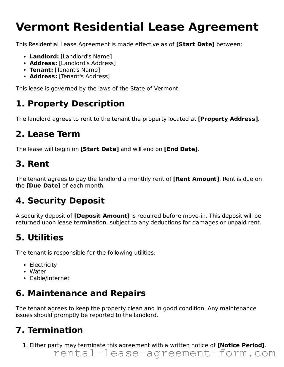 Legal Vermont Residential Lease Agreement Template