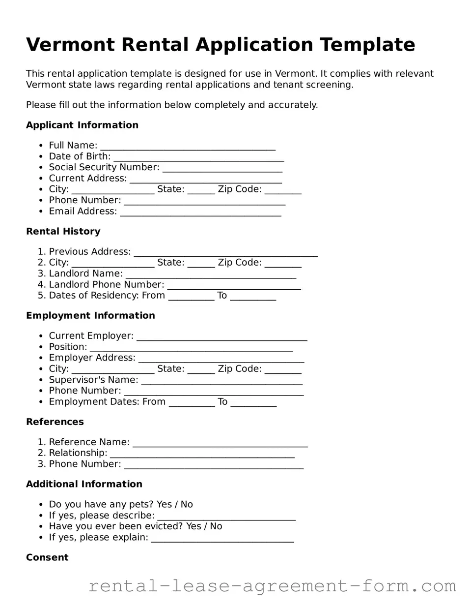 Legal Vermont Rental Application Template