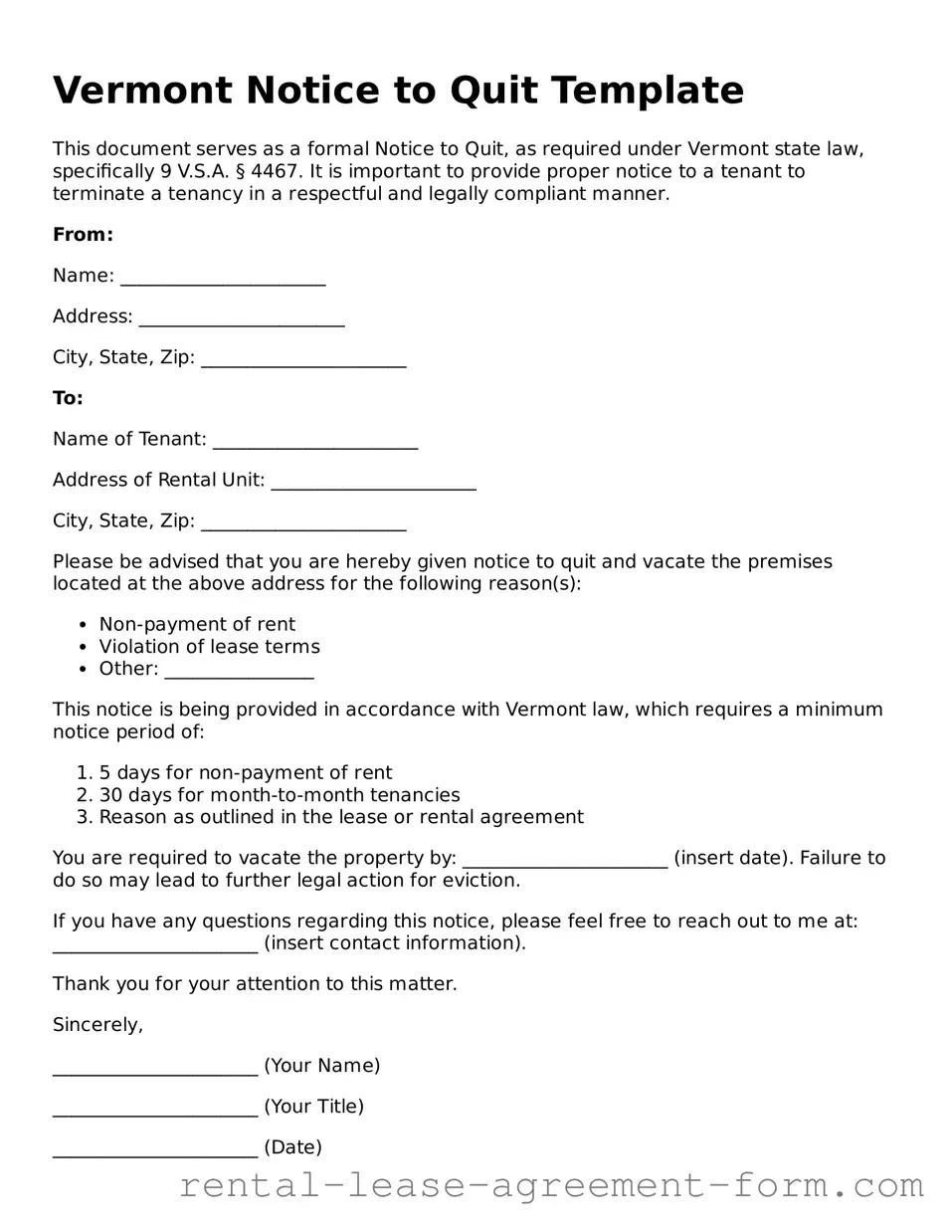 Legal Vermont Notice to Quit Template