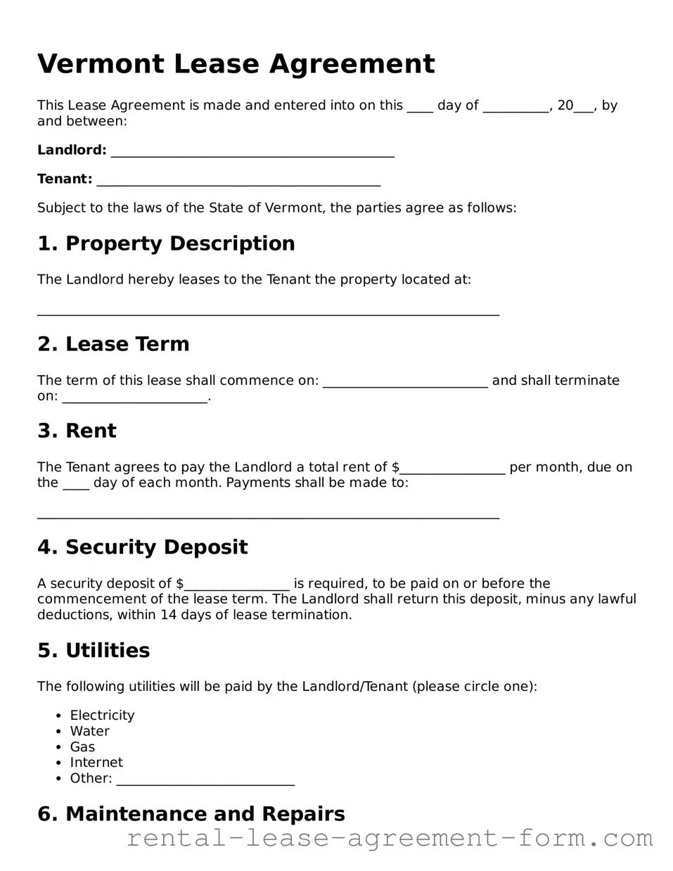 Legal Vermont Lease Agreement Template