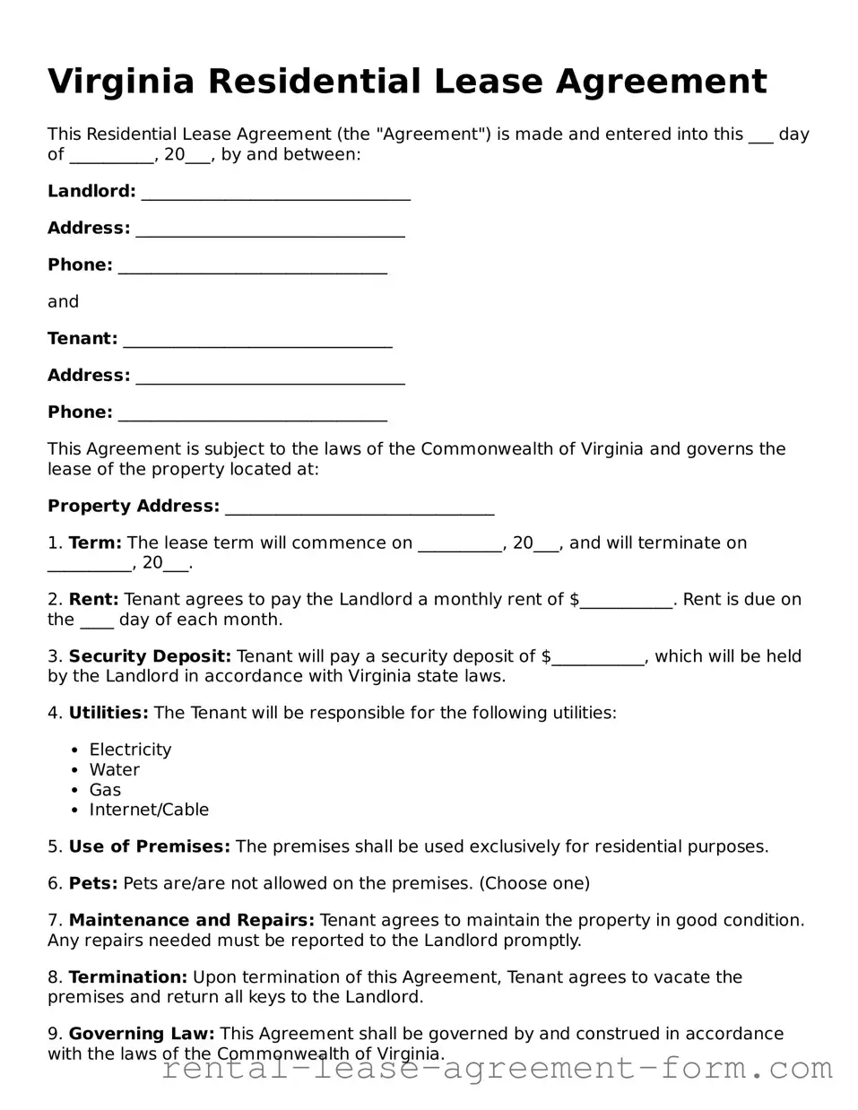Legal Virginia Residential Lease Agreement Template