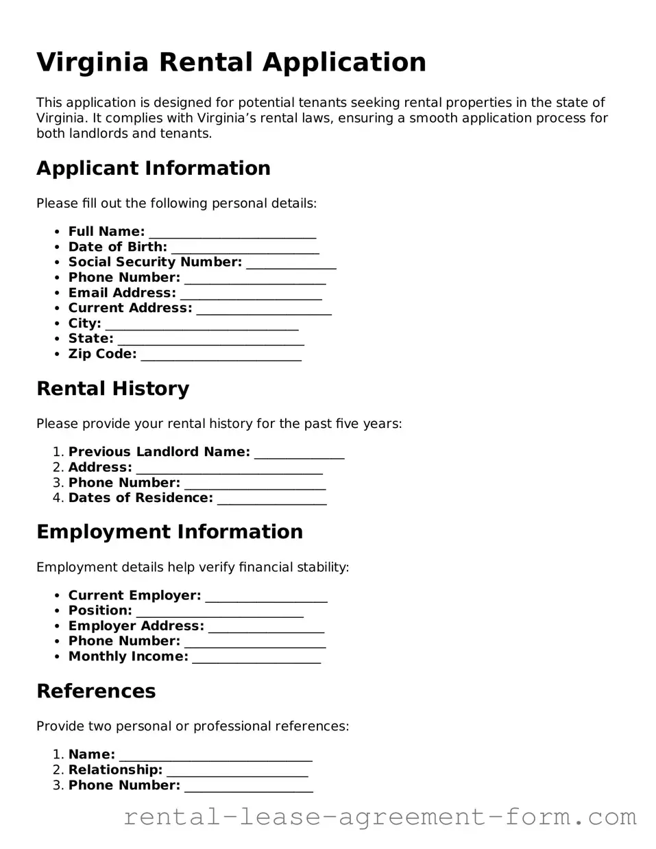 Legal Virginia Rental Application Template