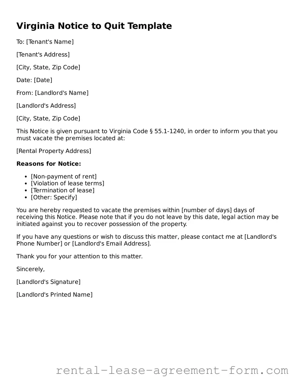 Legal Virginia Notice to Quit Template