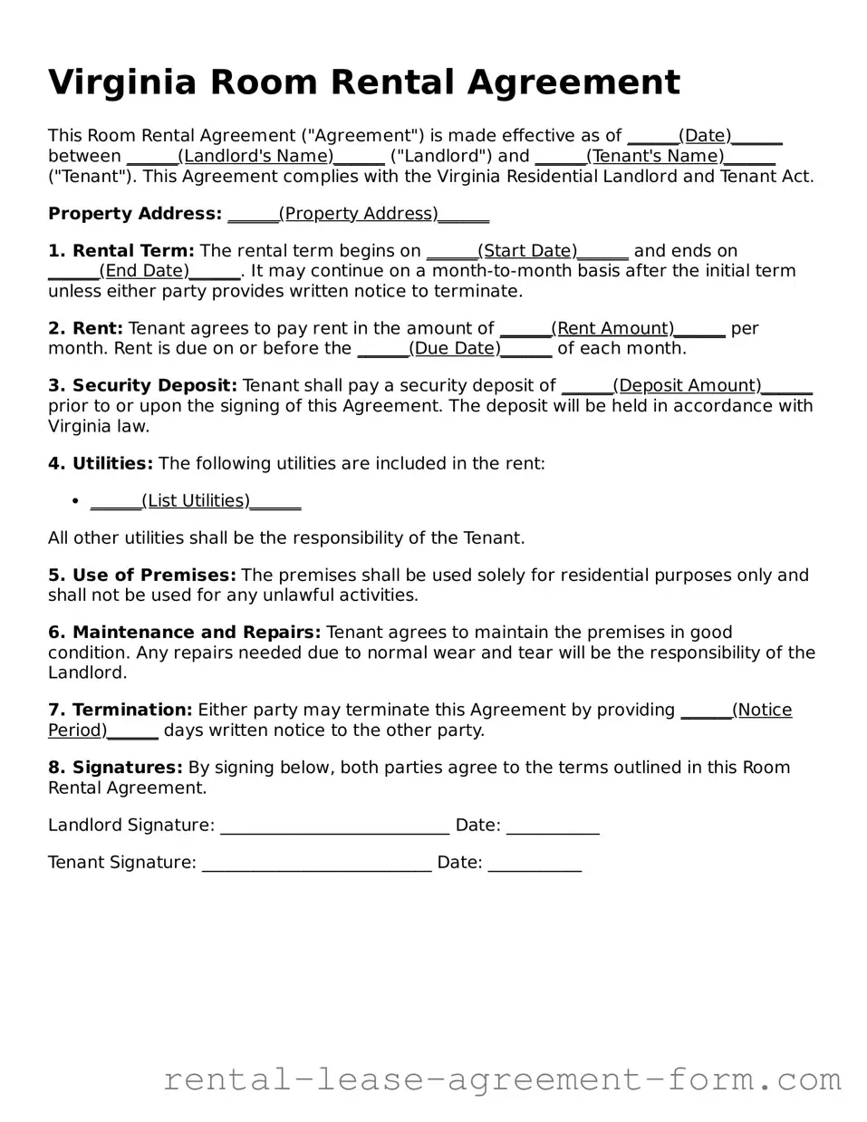 Legal Virginia Room Rental Agreement Template