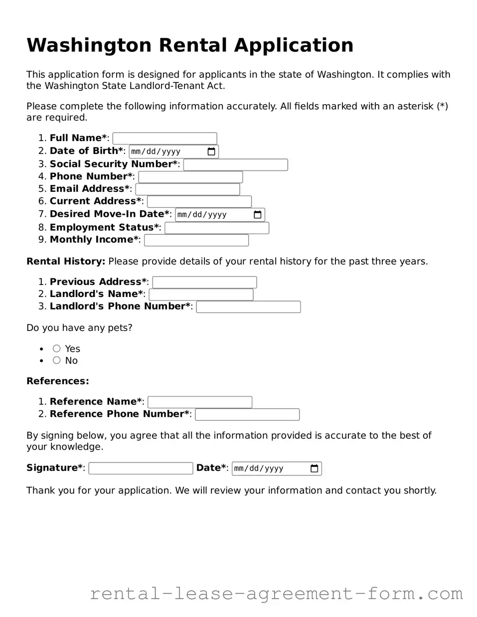 Legal Washington Rental Application Template