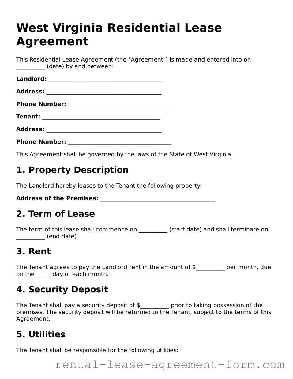 Legal West Virginia Residential Lease Agreement Template