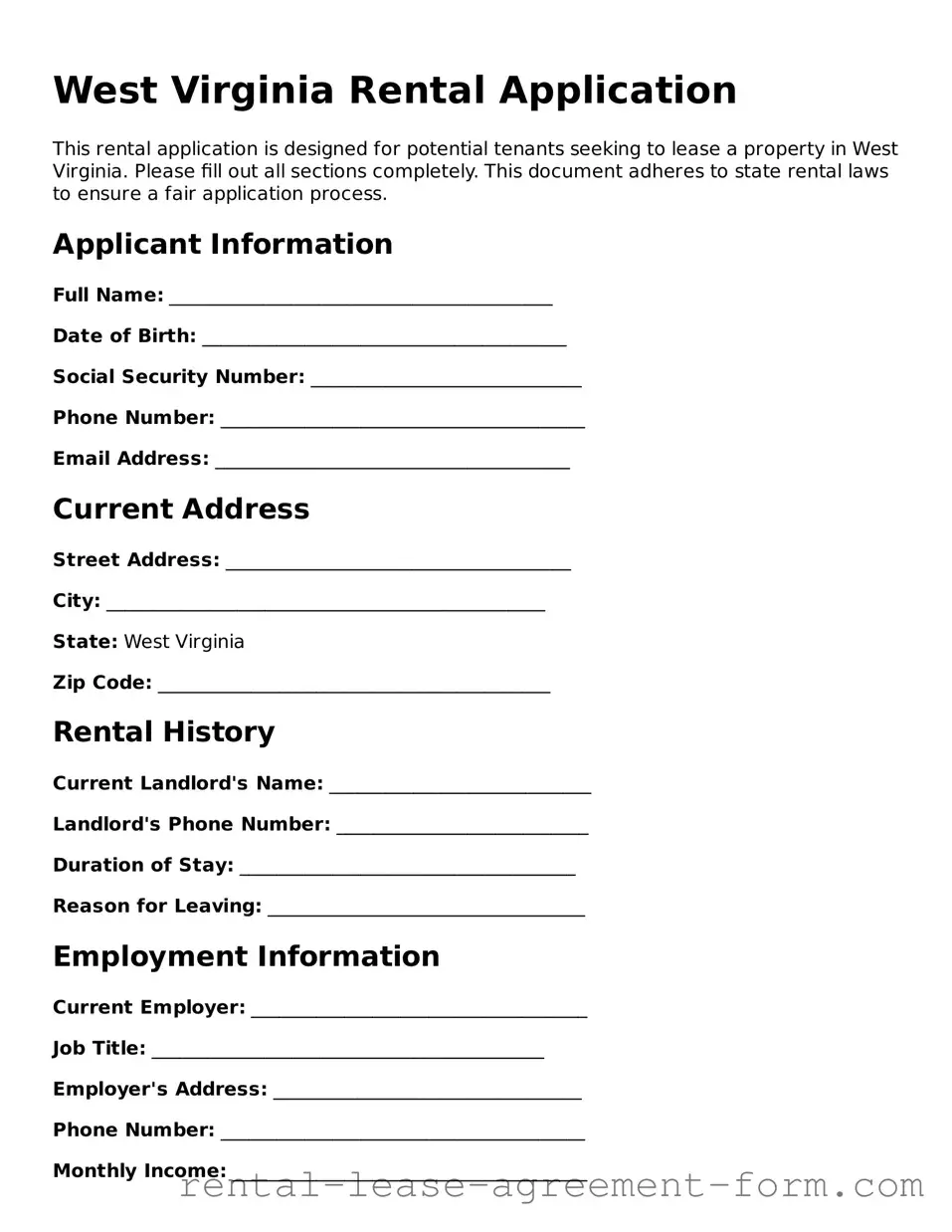 Legal West Virginia Rental Application Template