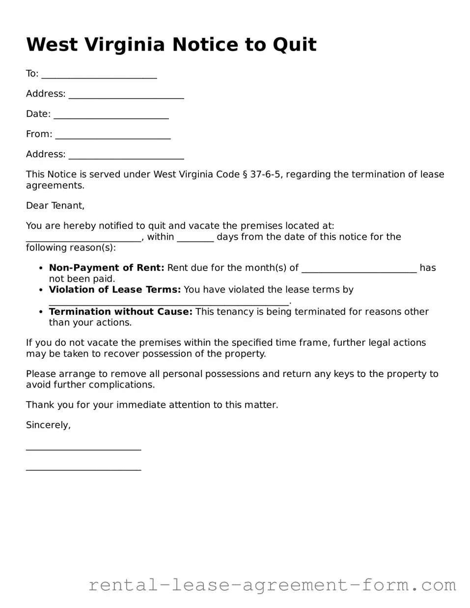 Legal West Virginia Notice to Quit Template