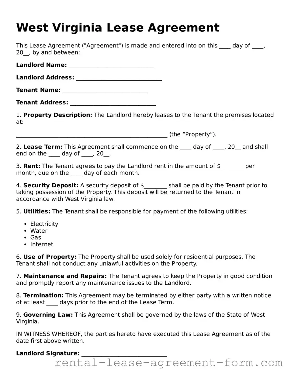 Legal West Virginia Lease Agreement Template
