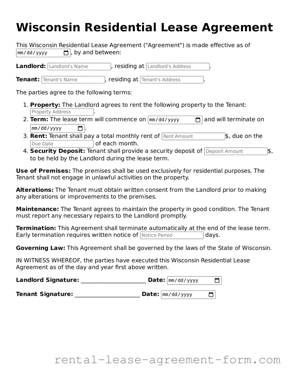Legal Wisconsin Residential Lease Agreement Template