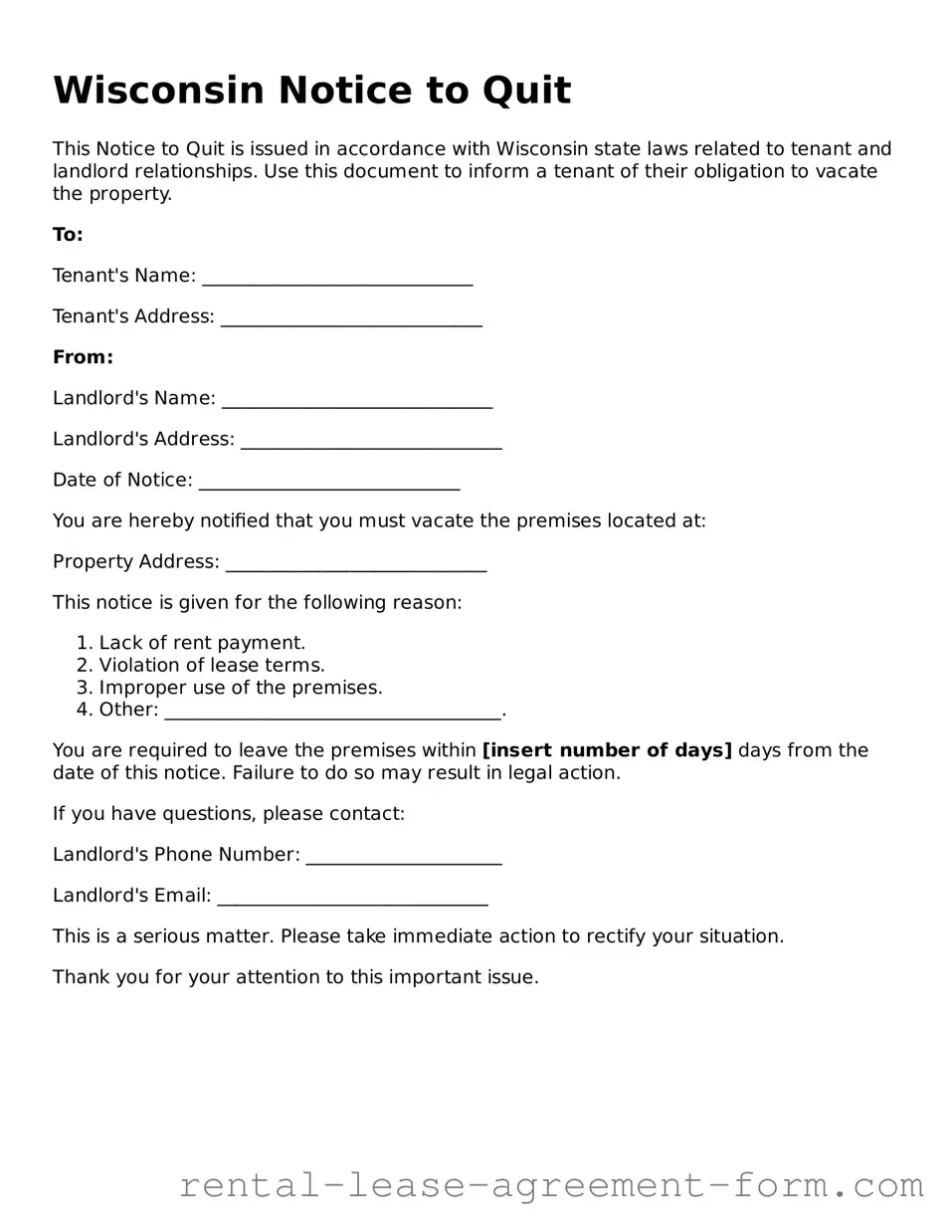 Legal Wisconsin Notice to Quit Template