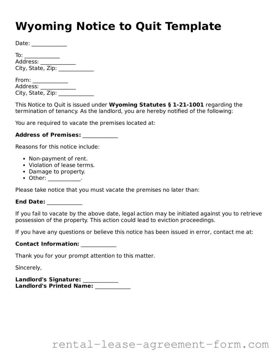Legal Wyoming Notice to Quit Template
